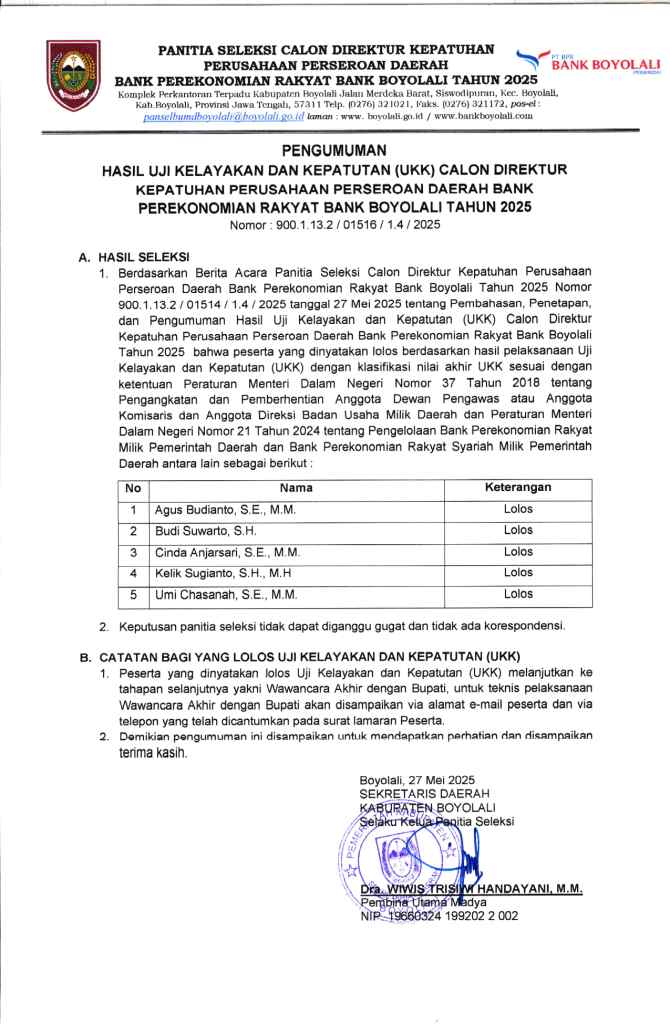 Pengumuman UKK Calon Direktur Kepatuhan